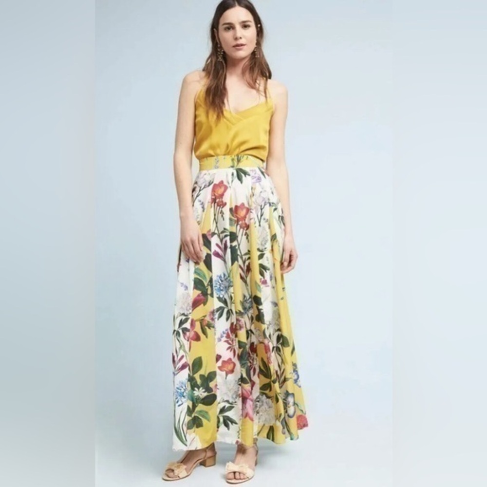 Anthropologie Rococo Sand Aprile yellow and white spring floral pane maxi skirt